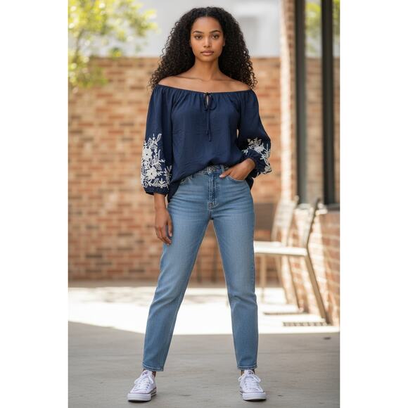 Unknown Tops - New York Clothing Co. Blue Womens Embroidered Mid-Sleeve Blouse Top Sz Small NEW